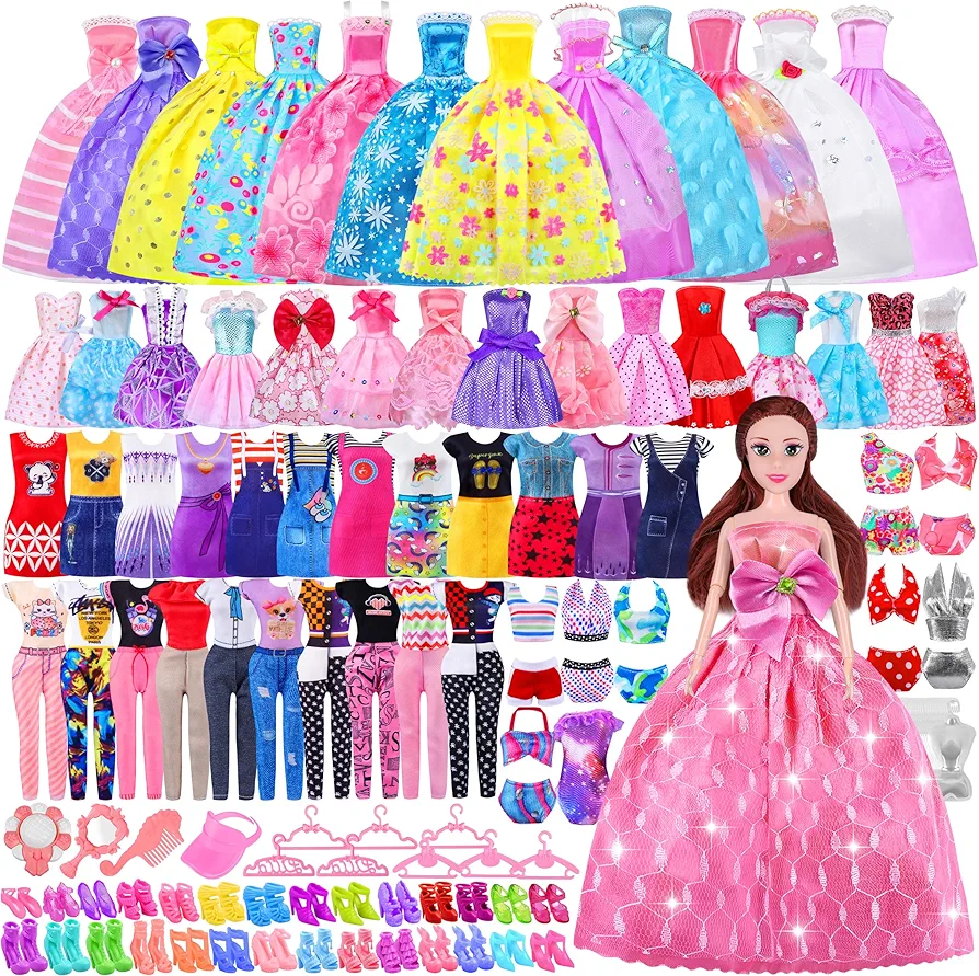 87 Pcs Doll Clothes and Accessories with Doll, Princess Gowns, Fashion Dresses, Slip Dresses, Top & Pants/Jumpsuit, Swimsuits, Shoes, Hangers, Doll Dress up Toys for Girls Kids Toddlers Toy Gifts