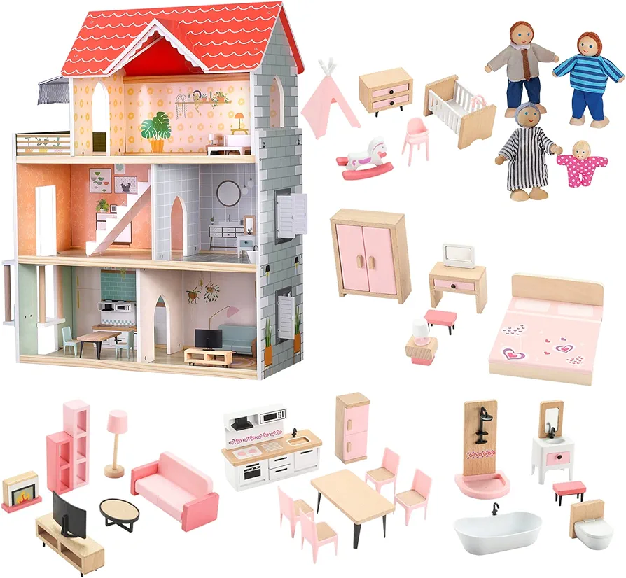 Giant Bean Red Wooden Dollhouse 2.6 feet High with Elevator, Doorbell, Light,36 Pcs Pink Furnitures and 4 Dolls