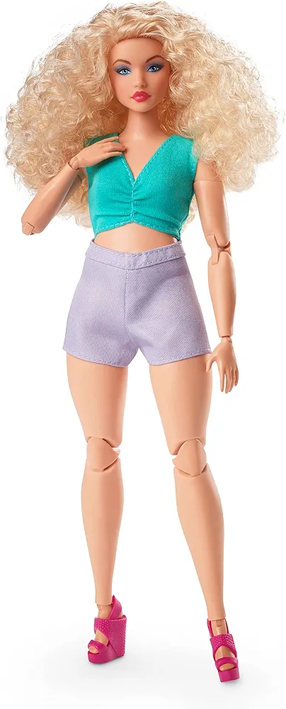 Barbie Looks Fashion Doll with Curly Blonde Hair Dressed in Ruched Crop Top & Satiny Lavender Shorts, Posable Collectible Made to Move Body