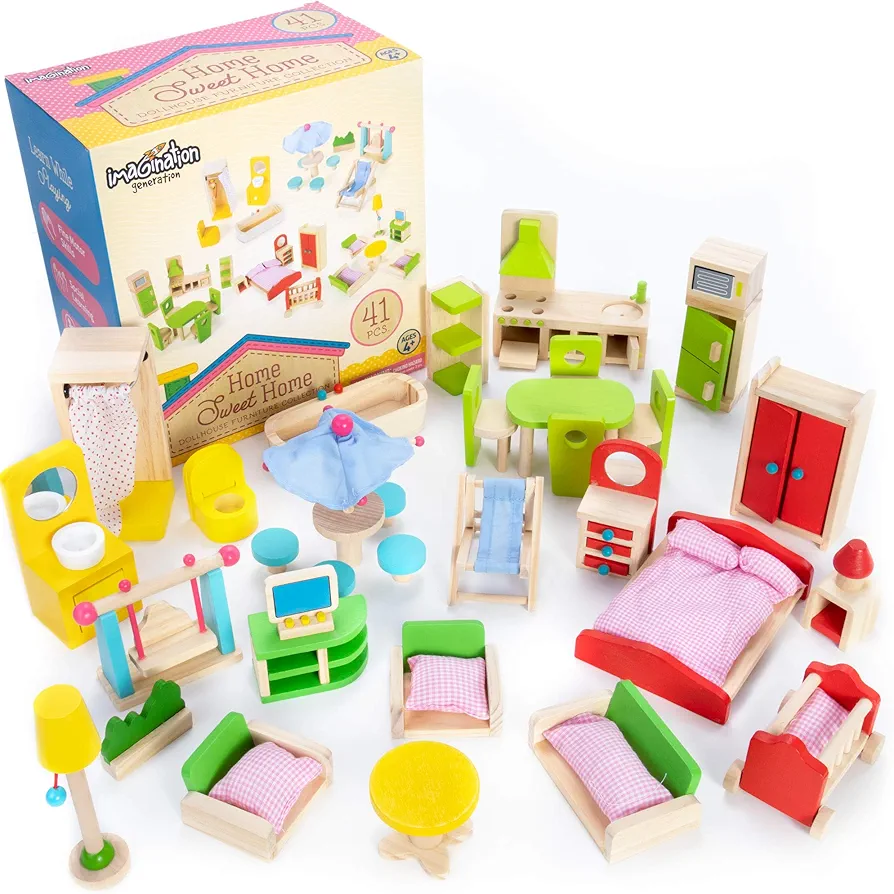 Wooden Dollhouse Furniture|Made of Safe Wood and Bright Water-Based Paint|Compatible with Most Doll Houses|41 Pc Bundle