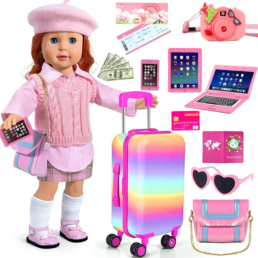 18-inch-Doll-Clothes and Accessories - Doll-Travel-Suitcase Luggage, Doll-Clothes and Shoes, Bag, Sunglasses, Camera, Passport, Notebook, Phone, pad Doll Travel Gear Play Set Fit 18 inch Doll