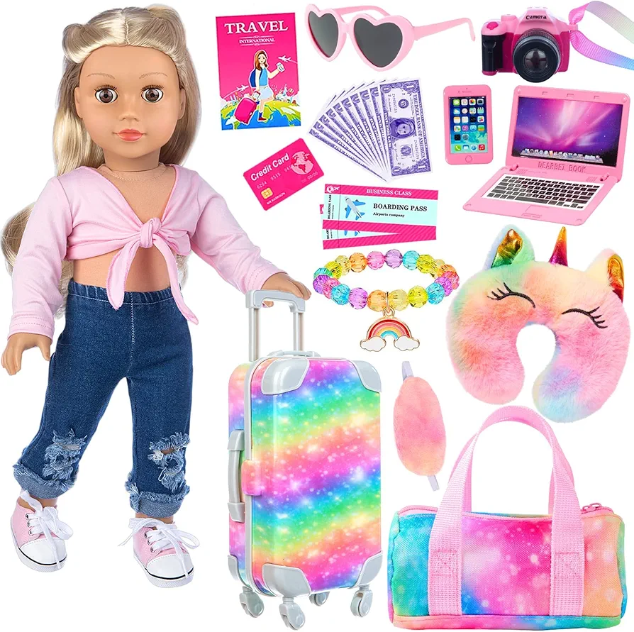 K.T. Fancy 23 PCS American 18 Inch Doll Accessories Suitcase Luggage Travel Set - Rainbow Suitcase Rainbow Bag Camera Computer Cell Phone Neck Pillow Eye Mask Glasses Gift for Christmas (NO Doll)