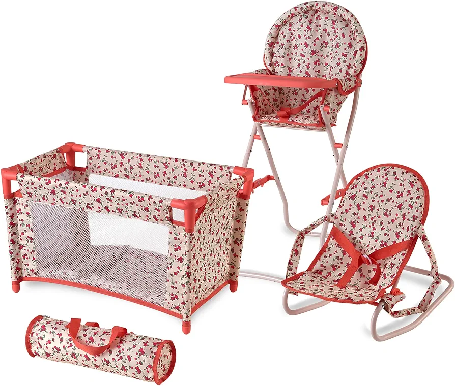 Floral Baby Doll Accessories Set - 3-1 Furniture with Crib, High Chair, Bouncer Seat Bed for 18” Play Toys 18" Dolls