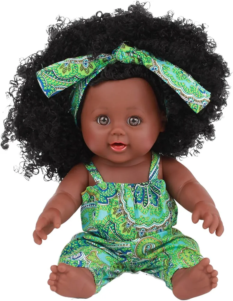 Black Baby Dolls 14 Inch (Green) Dolls, Soft Movable Joint African American Realistic Baby Dolls Girl with Curly Hair and Wearable Clothes Vinyl Posable Small Baby Doll for Kids Gifts