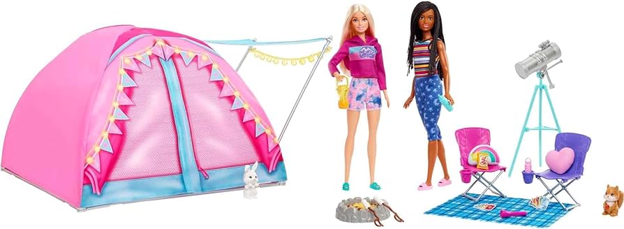 Barbie Dolls & 20 Accessories, It Takes Two Camping Tent Playset with Brooklyn & Malibu Dolls & 2 Moving Animals