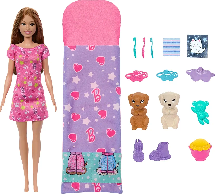 Barbie Doll & Playset with 2 Toy Dog Figures & 10+ Accessories, Puppy Slumber Party with Color-Change Feature, Sleeping Bag, Eye Masks & More