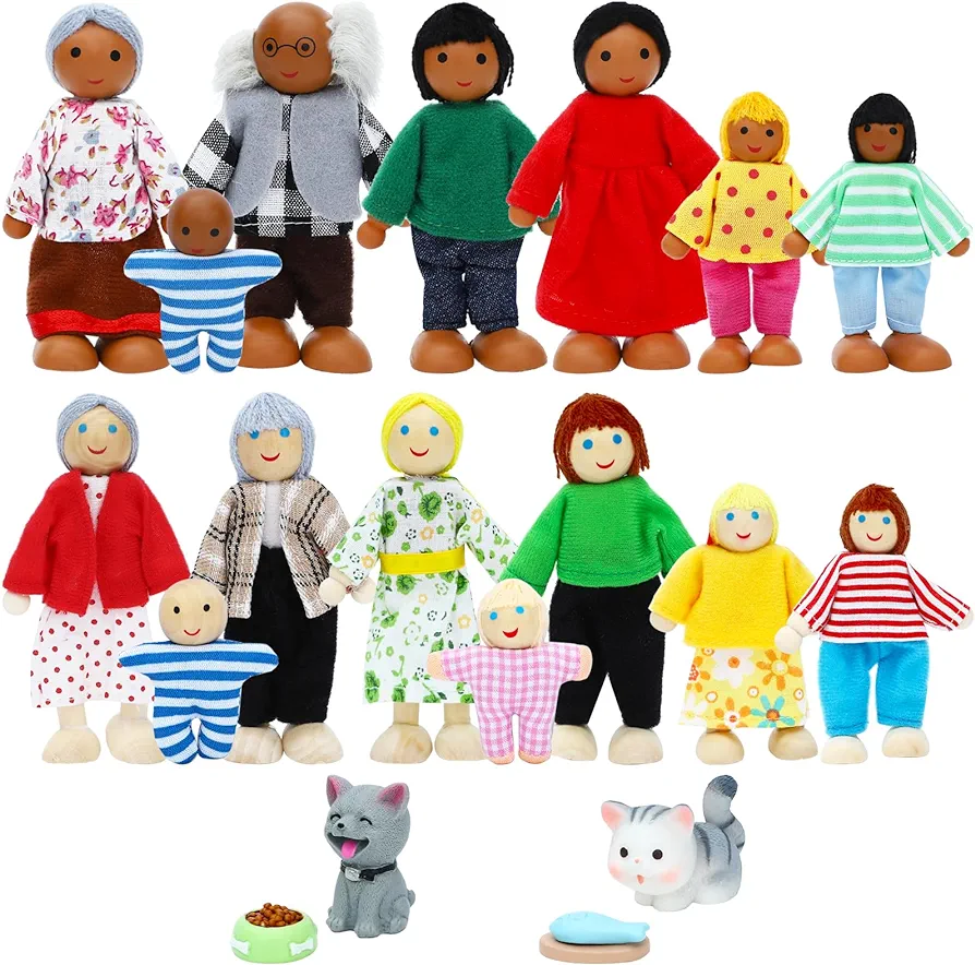 ONEST 20 Pieces Wooden Dollhouse Family Set Mini People Figures Dog Cat Sets Dollhouse Dolls Wooden Doll Family Pretend Play Figures Accessories for Pretend Dollhouse Toy