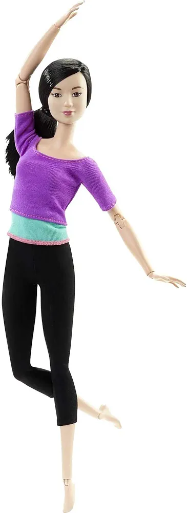 Barbie Made to Move Fashion Doll with Black Hair Wearing Purple Color-Blocked Top & Yoga Leggings, Flexible with 22 Posable "Joints"