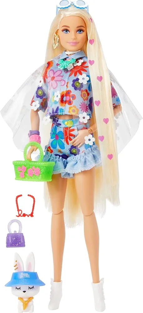 Barbie Extra Doll and Accessories with Extra-Long Blonde Hair Wearing Floral Outfit & Poncho with Pet Bunny