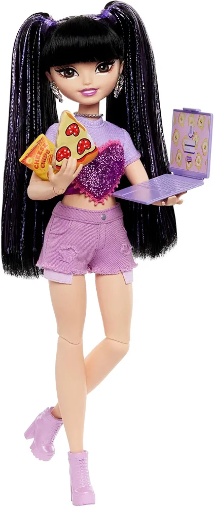 Barbie Dream Besties Doll and Accessories, Renee Posable Fashion Doll with Long Black Hair, 11 Video and Food Pieces