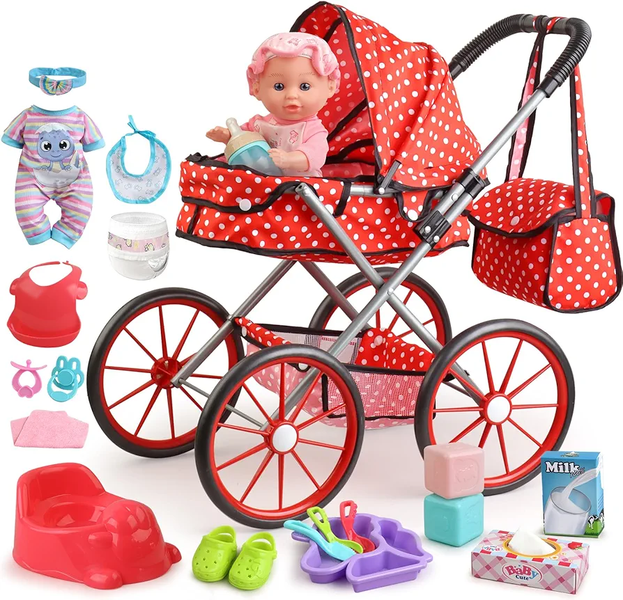 Baby Doll Stroller Toys Set with 12 inch Doll,12" Baby Doll Set with 20 PCS Doll Accessories and 2 Sets Doll Clothes for Realistic Pretend Play,Baby Stroller Toys for Girls Toddlers 3-5 4-6