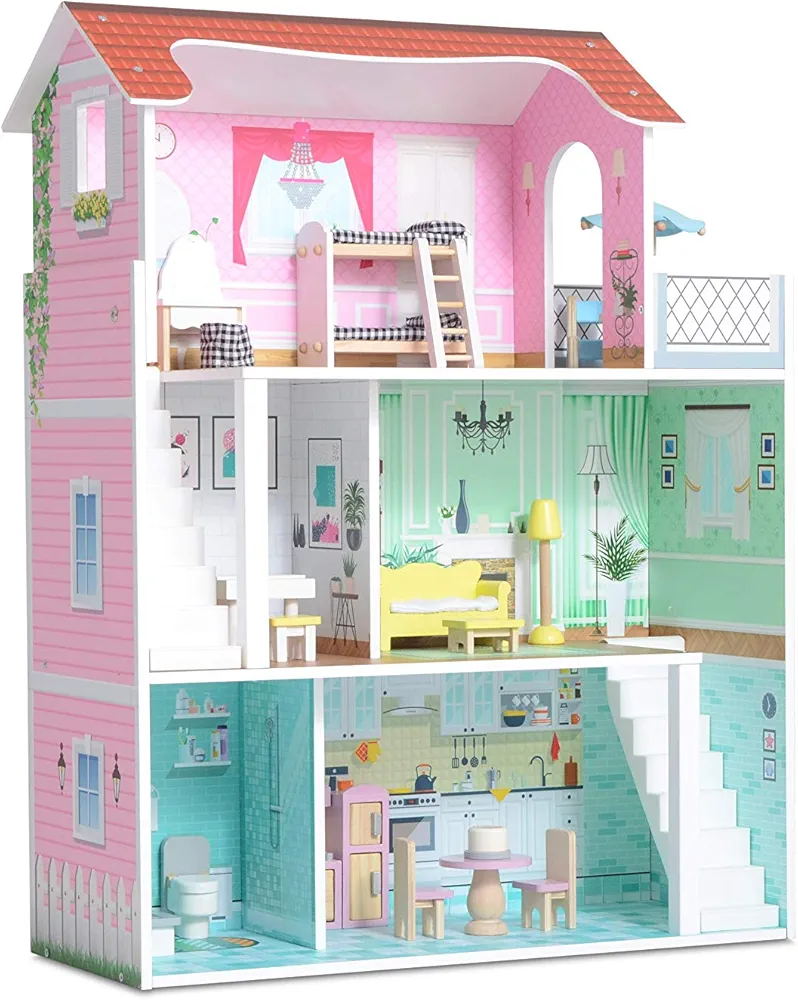 Milliard Pink Wooden Dollhouse for Kids with Doll House Accessories and Furniture - 3 Levels, 6 Rooms, Bonus Balcony and 20 Furniture Pieces, Perfect for 4-6" Dolls, Easy to Assemble, 31" x 24" x 9.5"