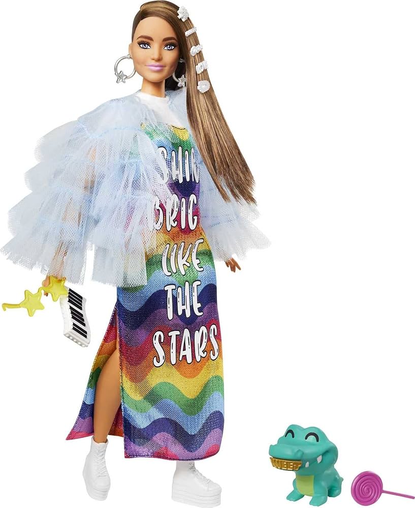 Barbie Extra Doll & Accessories with Long Brunette Hair and Bling Clips in Multi-Colored Dress with Pet Crocodile