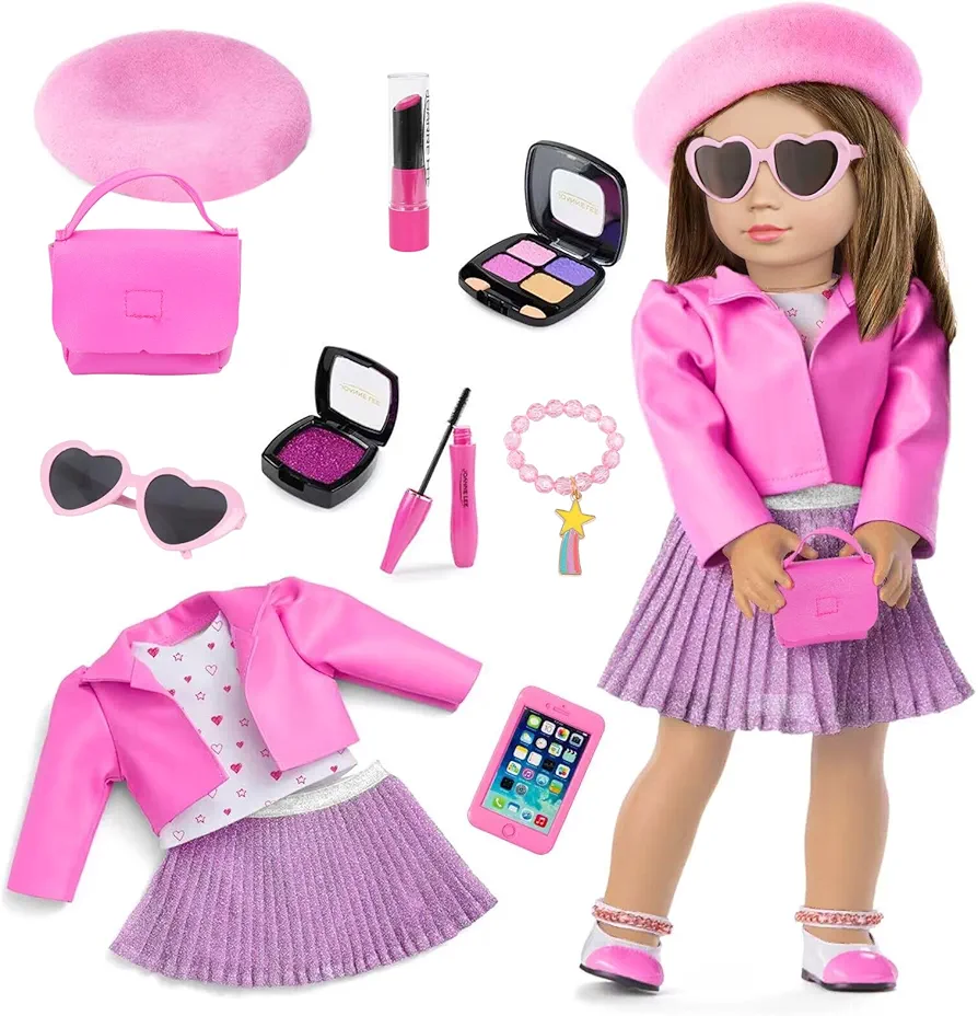 American 18 Inch Doll Makeup Accessories And Clothes,Tote Bag Set For 18" Dolls Include Berets Outfits Sunglasses Phone Eye Shadow Lipstick Blusher Bracelets Eyelash Brush Toy Stuff(No Doll And Shoes)