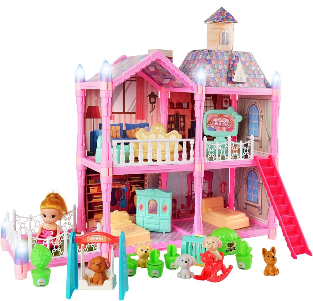 Doll House Dollhouse Doll House House for Girls 2-Story 4 Rooms Dollhouse Furniture and Accessories, Toddler Playhouse Gift DIY Building for 3 4 5 6 7 8 Year Old Girls