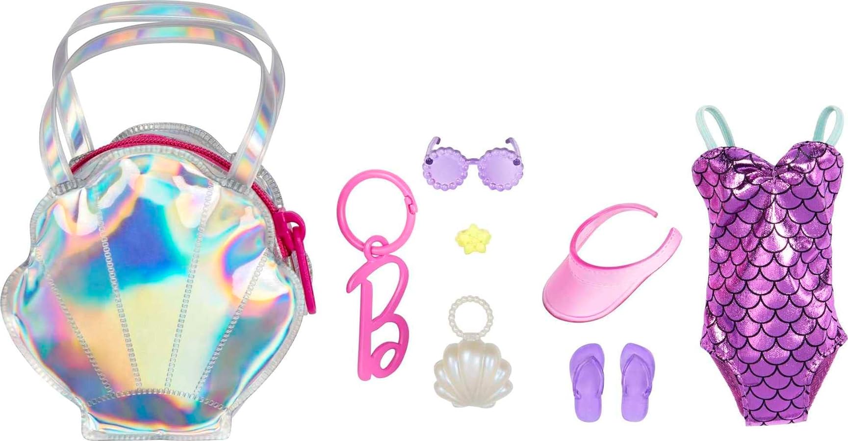 Barbie Clothes Set, Beach-Themed with Swimsuit, 5 Acessories & Zippered Doll-Sized Shell-Shaped Bag with Clip-On Ring, Iridescent