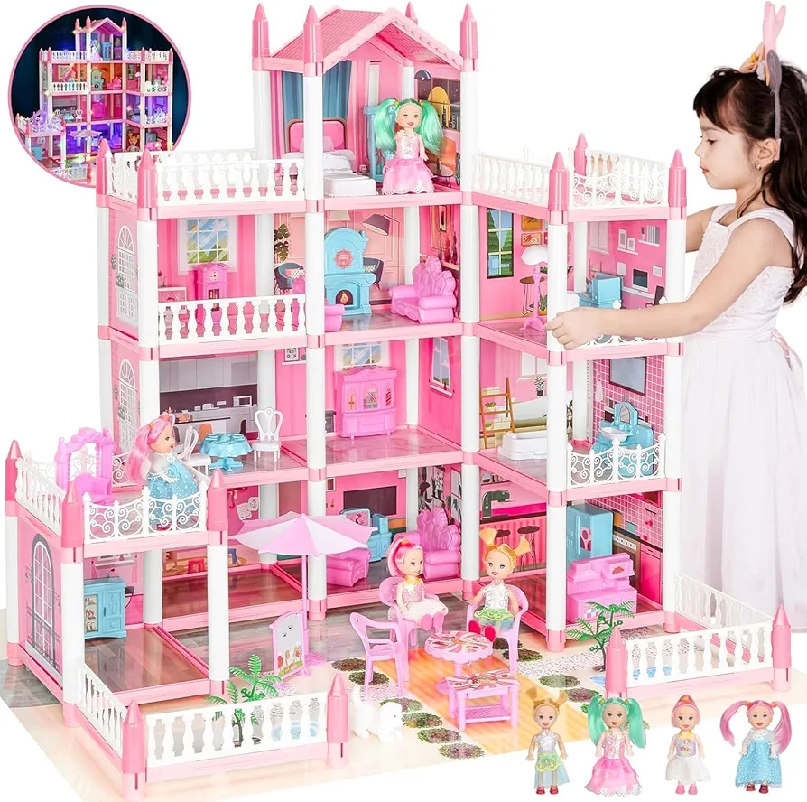 Doll House, Dream Dollhouse for Girls Pretend-Play DIY Dollhouse Kit - 4-Story 11 Rooms Playhouse with 4 Dolls Toy Figures, Furniture and Accessories Set Gift Toy for Kids Ages 3 4 5 6 7 8+