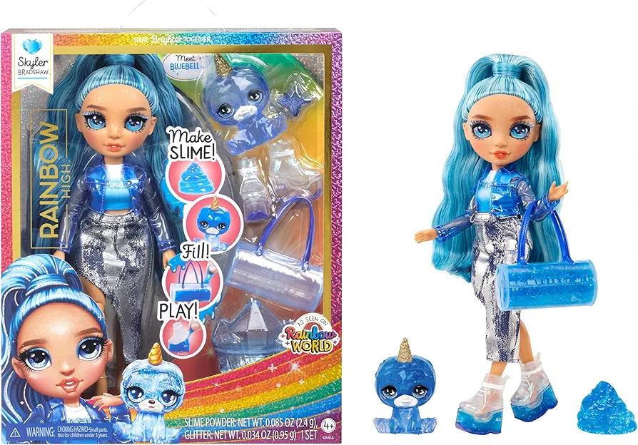 Rainbow High Skyler, Blue with Slime Kit & Pet, 11" Shimmer Posable Fashion Doll with DIY Sparkle Slime, Magical Yeti Pet, Fun Play Accessories. Great Toy Gift for Girls Kids Ages 4-12 Years